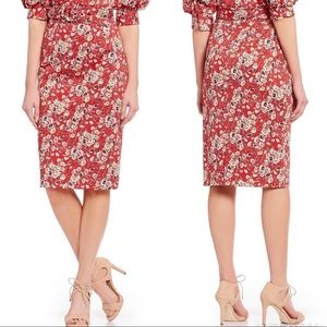 ANTONIO MELANI Floral Print Midi Pencil Skirt Red Belted Stretch Cotton Size 2